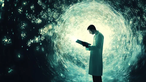 Researcher Examining Tablet in Light Vortex