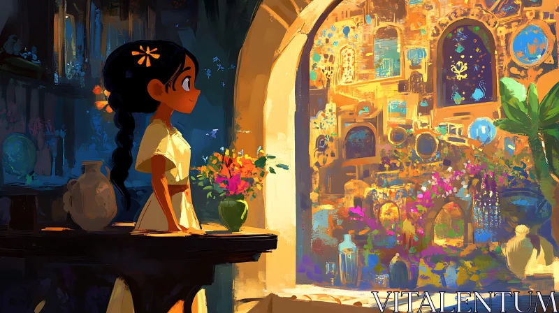 AI ART Serene Girl and Colorful Flowers