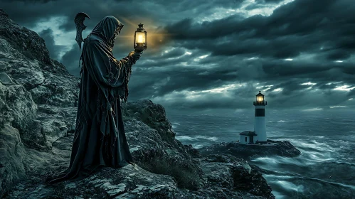 Cloaked Figure with Lantern by Stormy Sea