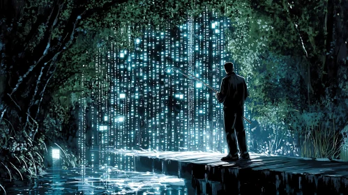 Man and Digital Waterfall