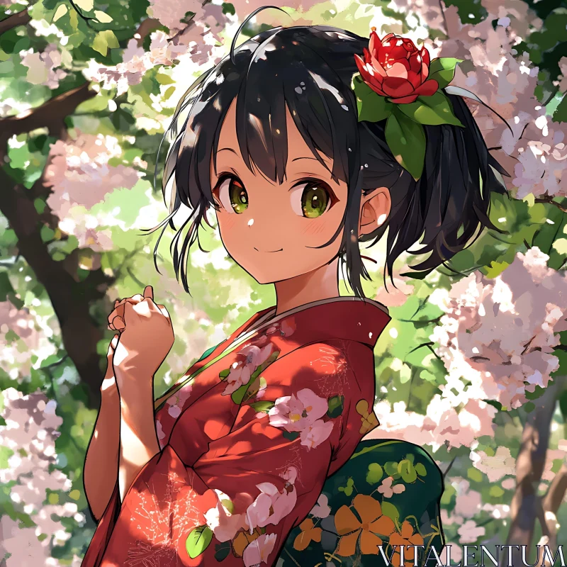 Springtime Anime Girl in Traditional Kimono AI Image