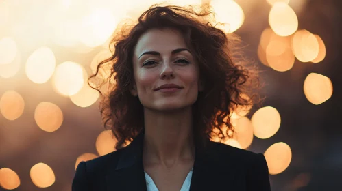 Portrait of a Woman with Curly Hair and Warm Lights