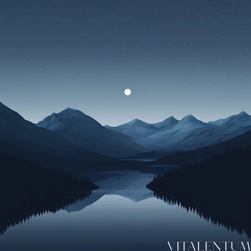 Peaceful Mountain Lake at Night AI Image