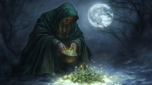 Mystical Night Scene with Witch and Herbs