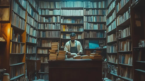 Reader immersed in a vintage library