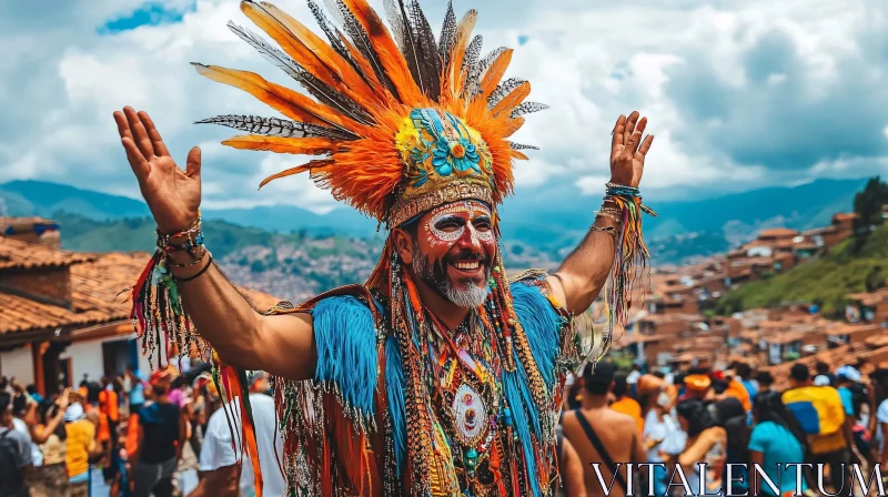 AI ART Man Celebrating with Feathered Headdress