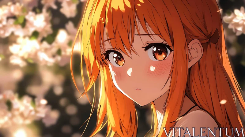 Anime Girl with Orange Hair and Blossoms AI Image