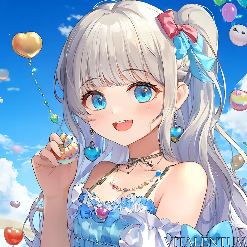 Silver-Haired Anime Girl Holding Balloon AI Image