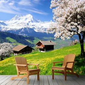 Tranquil Mountain Scene with Wooden Chairs