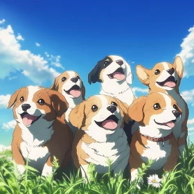 Joyful Group of Puppies in Bright Sunny Field