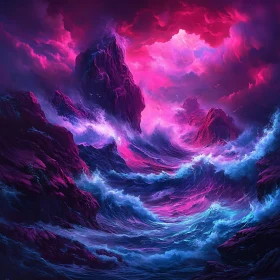 Neon Ocean Waves Crashing Rocks