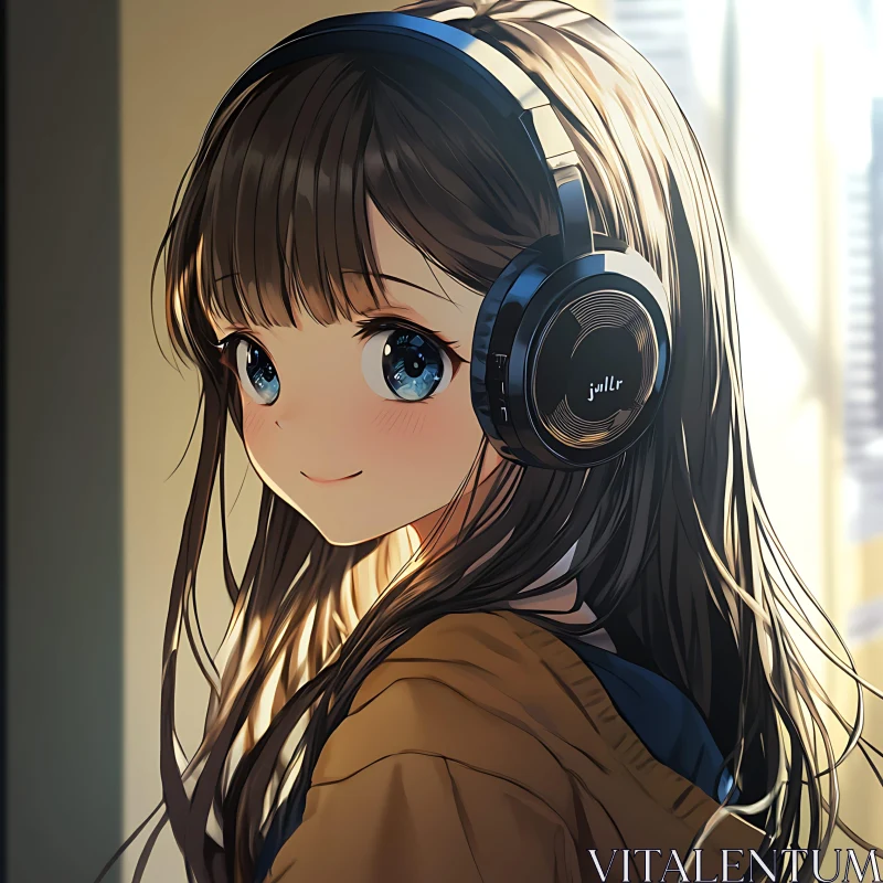 Anime Girl Listening to Music AI Image