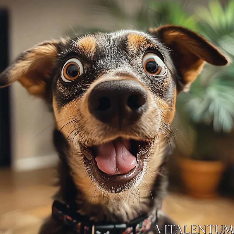 Happy Dog Close-Up with Indoor Plant Background AI Image