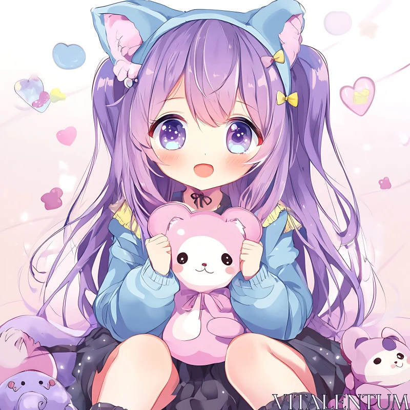 Cute Anime Girl with Bear Plushie and Heart Decor AI Image