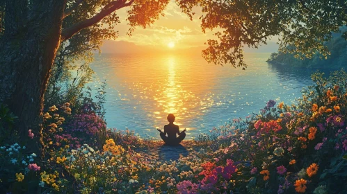 Serene Meditation During Sunset by a Lake