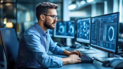 Man Analyzing Data on Multiple Screens