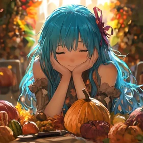 Anime Girl with Blue Hair in Cozy Autumn Atmosphere