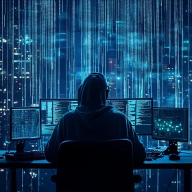 Cybersecurity Expert Working at Night