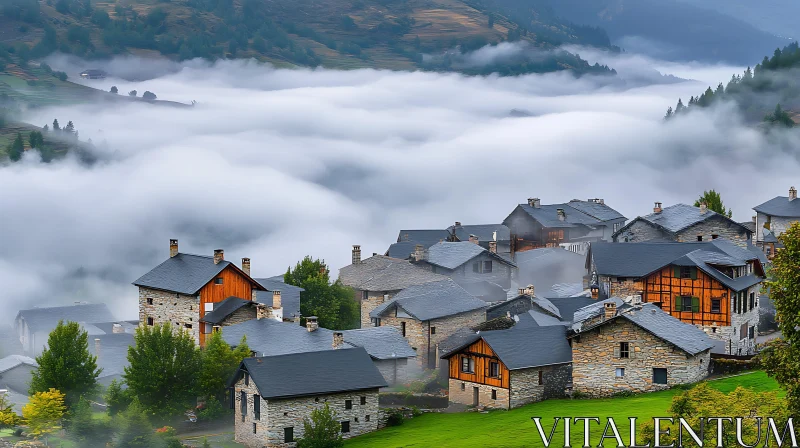 Mountainous Village Enveloped in Mist AI Image