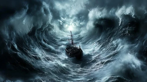 Tempestuous Voyage: Ship Amidst Giant Waves