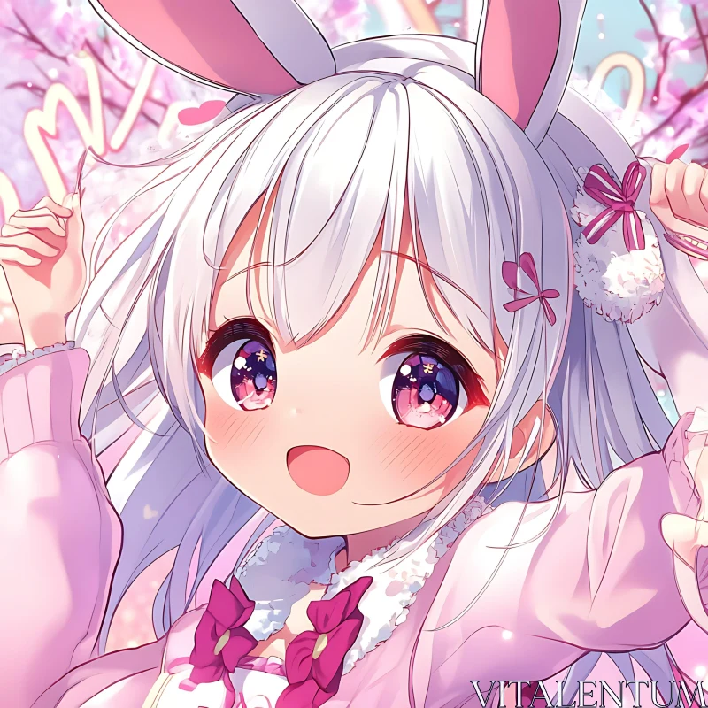 Kawaii Anime Character with Cherry Blossom Background AI Image