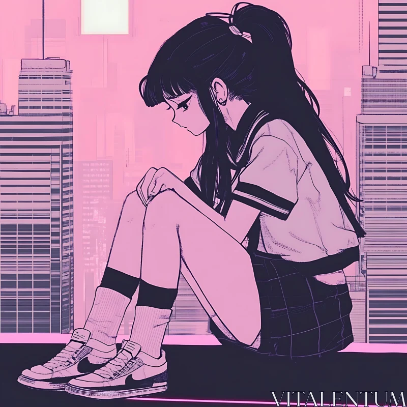 Reflective Anime Girl in a Pink Urban Setting AI Image