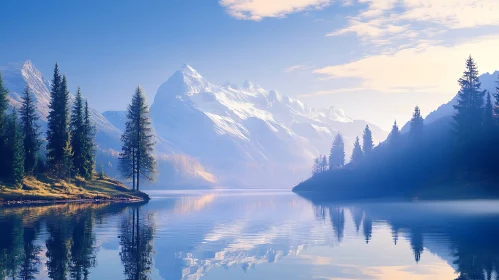 Snowy Peaks Reflected in Mountain Lake