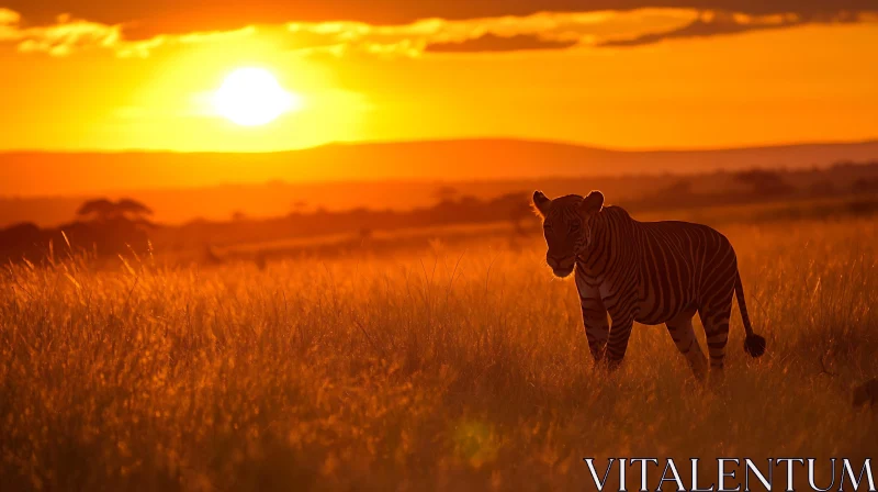 Sunset Tiger in the Savanna AI Image