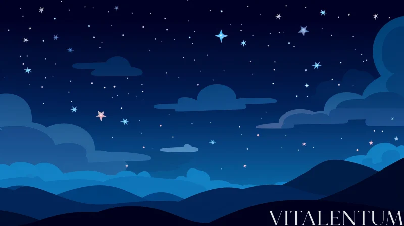 Serene Night Sky with Stars and Mountains Illustration AI Image