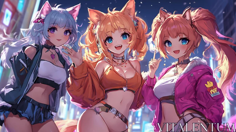 Urban Nightlife with Anime Cat Girls AI Image