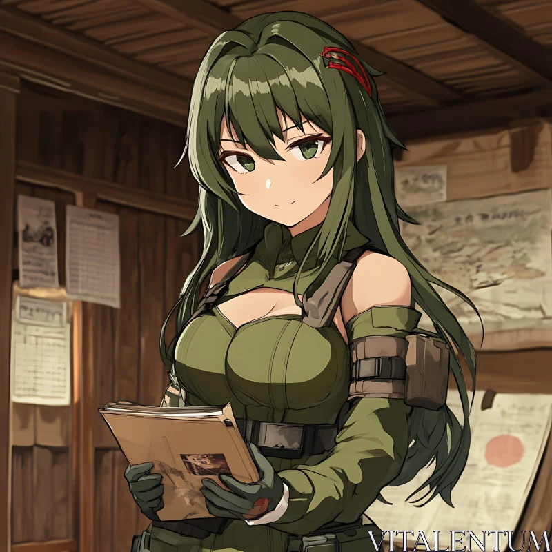 Anime Girl in Military Attire Reading AI Image