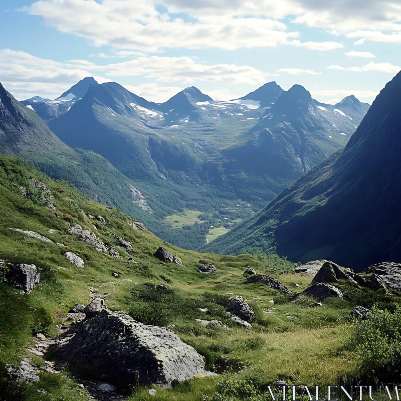 Verdant Valley Between Mountain Peaks AI Image