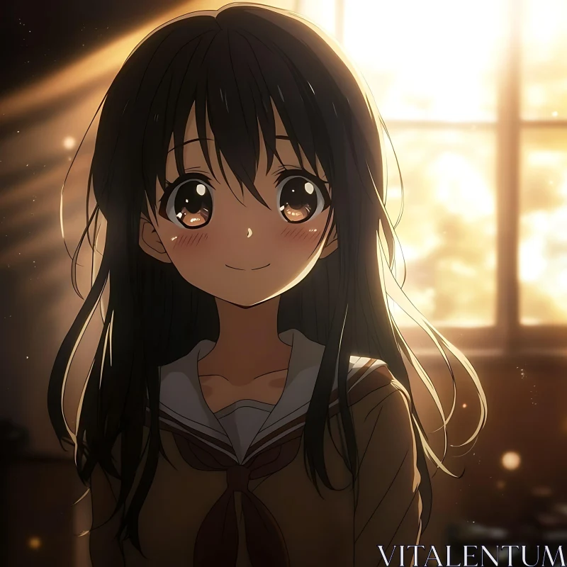 Anime Schoolgirl Smiling by Sunlit Window AI Image