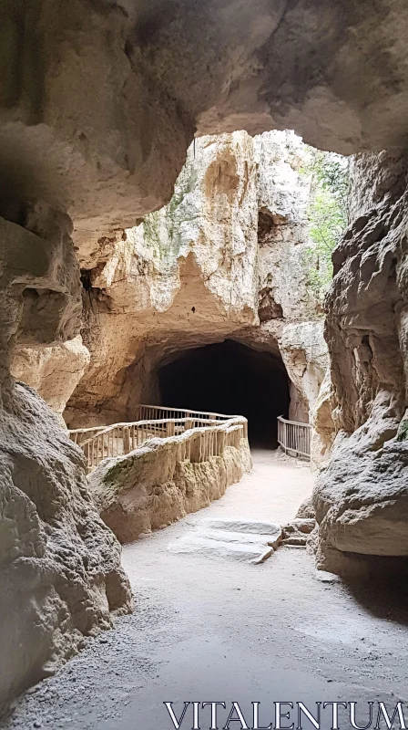 Enigmatic Cave Entrance with Stone Pathway and Railings AI Image