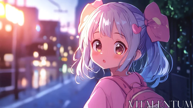 Cute Anime Girl at Twilight in Urban Setting AI Image