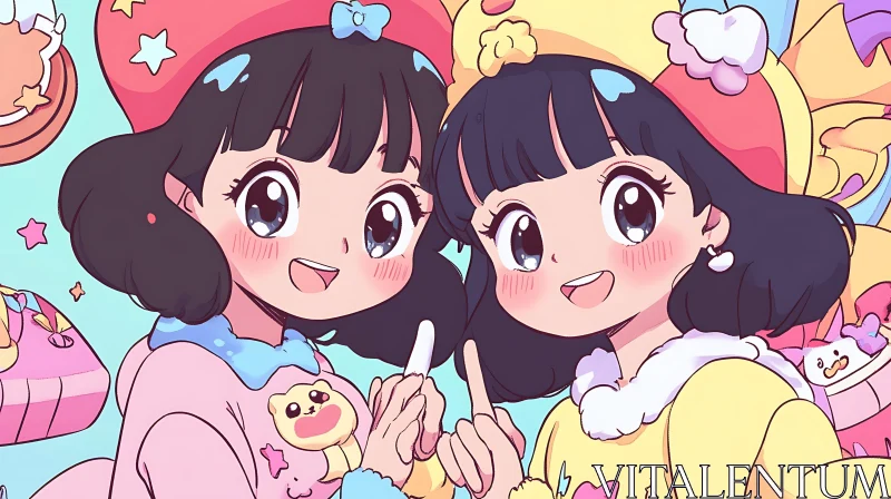 Adorable Anime Twins in Pastel Colors AI Image