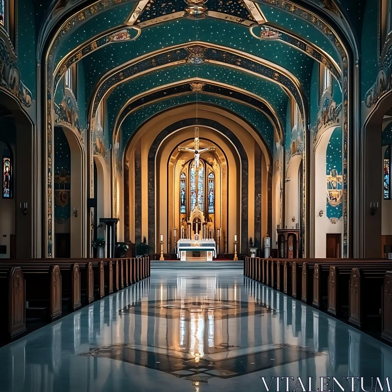 Grand Cathedral Aisle with Stunning Artistic Ceiling AI Image