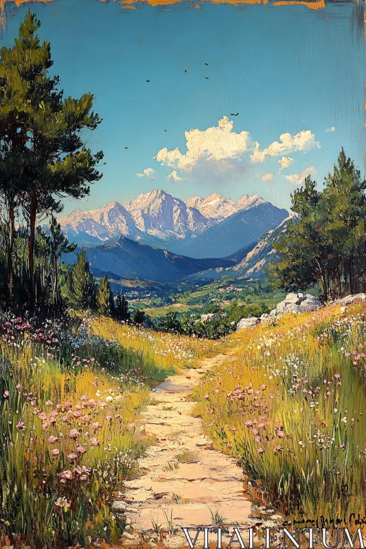 AI ART Scenic Path Leading to Snow-capped Mountains