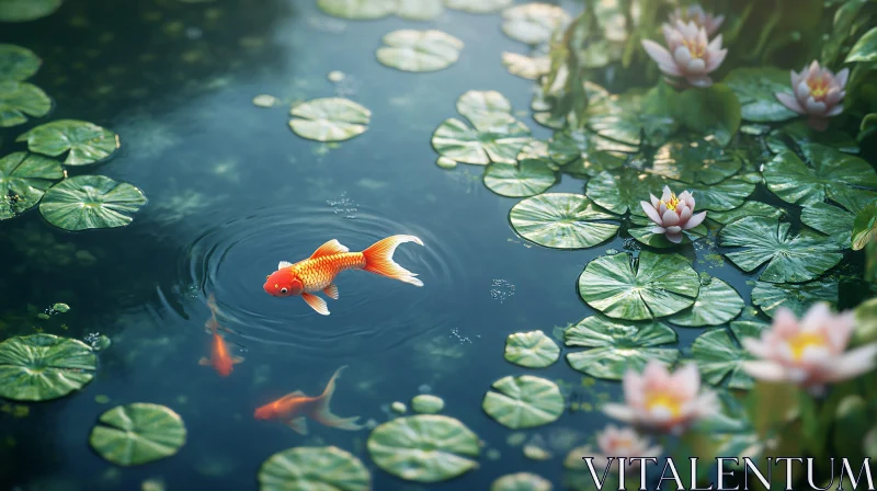 Peaceful Pond Scene with Lily Pads and Goldfish AI Image