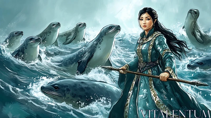 AI ART Ocean Guardian and Her Seal Entourage