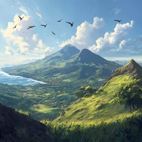 Scenic Mountain Landscape with Birds Flying