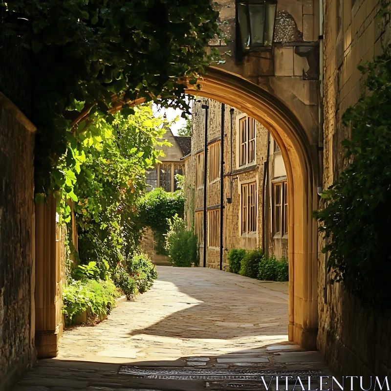 Sunlit Stone Alley with Ivy-Clad Archway and Buildings AI Image