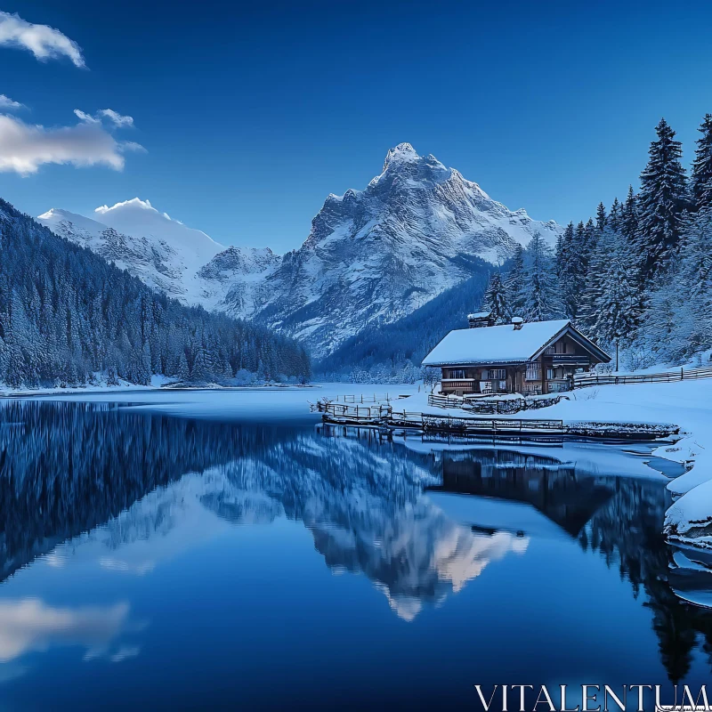 Snowy Mountain Lake Cabin Reflection Art AI Image