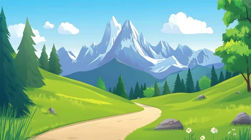 Cartoon Mountain Scenery with Green Fields