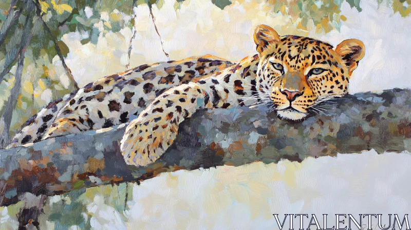 Resting Leopard on Tree Branch Art AI Image