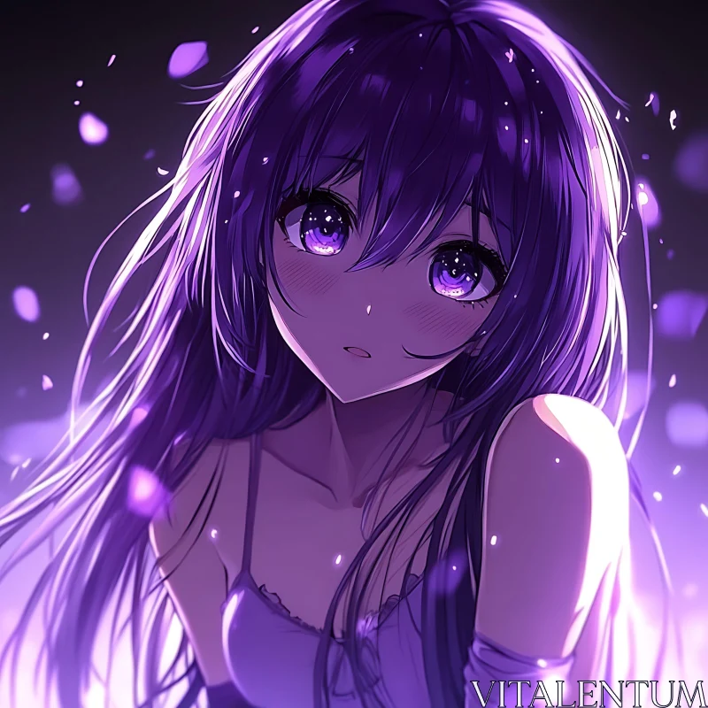 Luminescent Anime Girl in Petal-Infused Night Scene AI Image