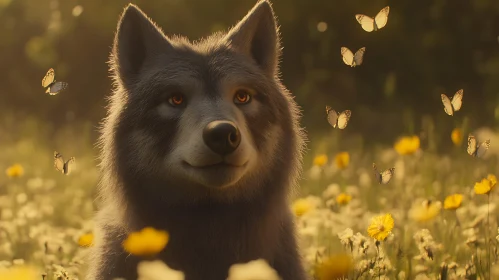 Gentle Wolf Among Butterflies and Flowers