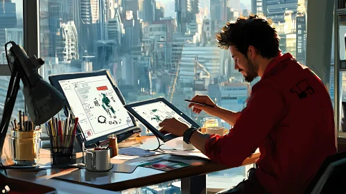 Man Working at Desk with City View