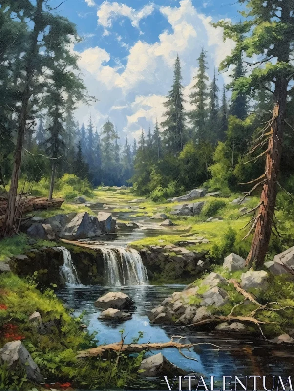 AI ART Peaceful Forest Stream and Waterfall Art