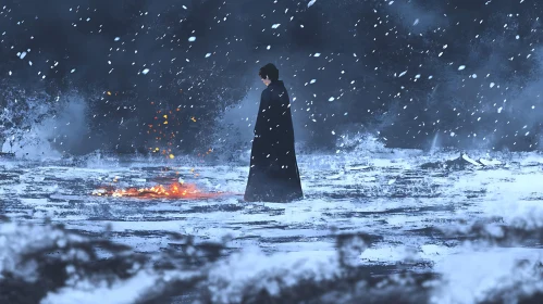 Figure by Fire in Winter Snowfall